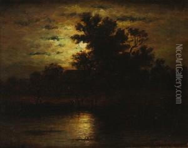 Moonlight Landscape With Boat And Cottage Oil Painting - Charles Tredupp