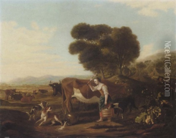 A Landscape With Cattle And A Dairy Maid Teasing A Dog Oil Painting - Adriaen Cornelisz Beeldemaker