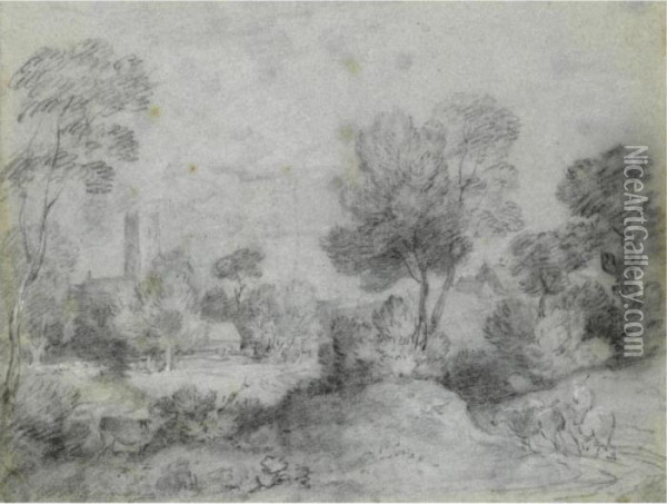 Wooded Landscape With A Traveller On A Country Road, A Church And Cottages Beyond Oil Painting - Thomas Gainsborough