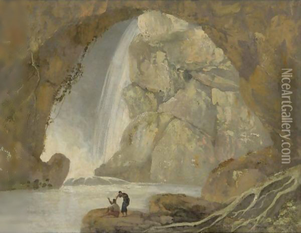 A Grotto With A Waterfall Oil Painting - Josepf Wright Of Derby