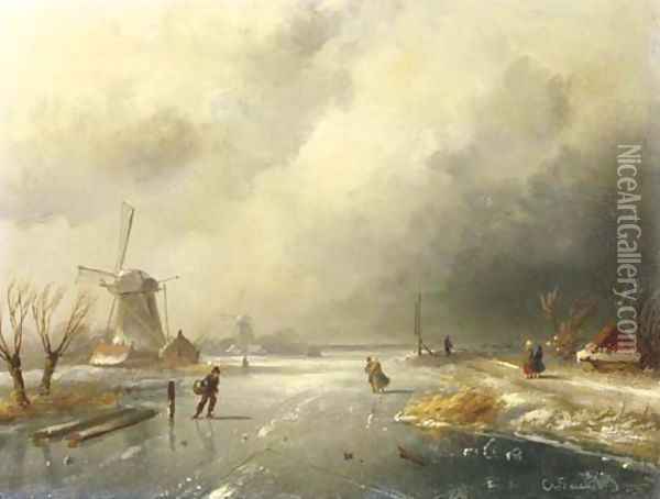 Skaters on a frozen river Oil Painting - Charles Henri Leickert
