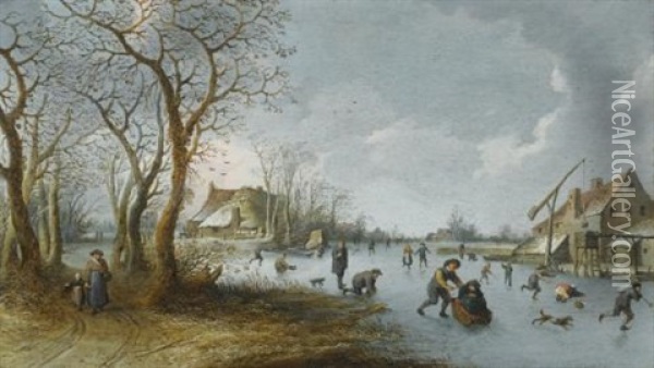 A Frozen River Landscape With A Man Pushing His Wife Along The Ice In A Sledge Oil Painting - Pieter de Bloot