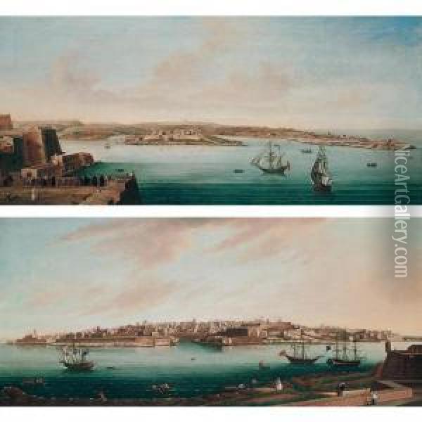 View Of Valetta From Marsamxett Harbour Taken From Fort Manoel Oil Painting - To Alberto Pullicino