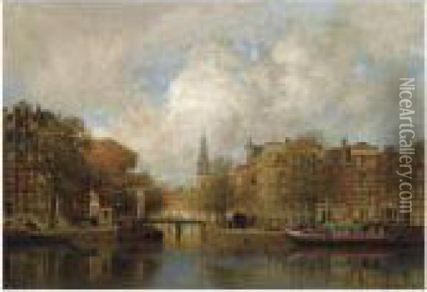 A View Of The Groenburgwal With The Zuiderkerk, Seen From The Riveramstel, Amsterdam Oil Painting - Johannes Christiaan Karel Klinkenberg