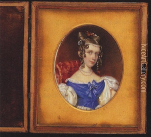 A Young Lady Wearing Decollete Dess With Blue Bodice, White Skirt And Lace Trim, A Bow At Her Corsage, Pearl Necklace And Strand In Her Hair, In Ringlets With A Comb Oil Painting - Octavius Oakley