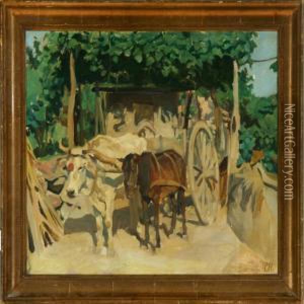 A Horse And An Ox Hitched To A Cart In Italy Oil Painting - Peter Marius Hansen