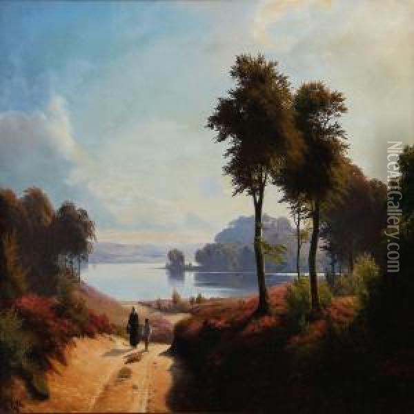 Summer Idyll With A Mother And Son On A Country Road Oil Painting - Christian Zacho