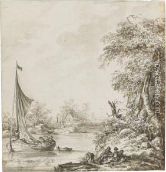 River Scene With A Boat Hauling In Sails, Figures Resting On Thebank Oil Painting - Jean-Baptiste Le Prince