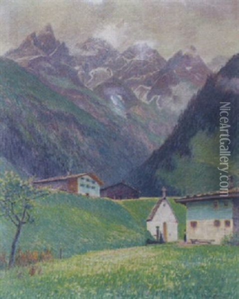Gebirgslandschaft Mit Bauernhausern Und Kapelle Oil Painting - Georg Burmester