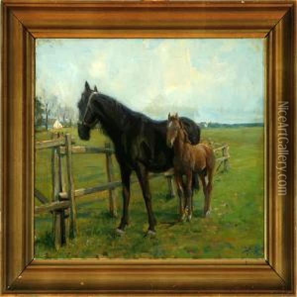 Old Trotter With A Foal. 
Skjoldgaarden Farm. Signed H. K. Plus Signed And Dated On The Stretcher 
Harald Kjaer 1924 Oil Painting - Harald Kjaer