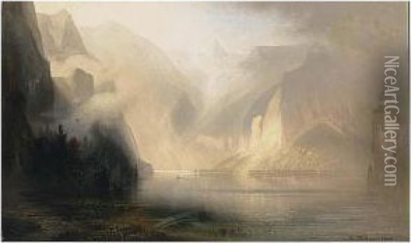 A View Of A Lake In The Mist Oil Painting - Karl Heilmayer
