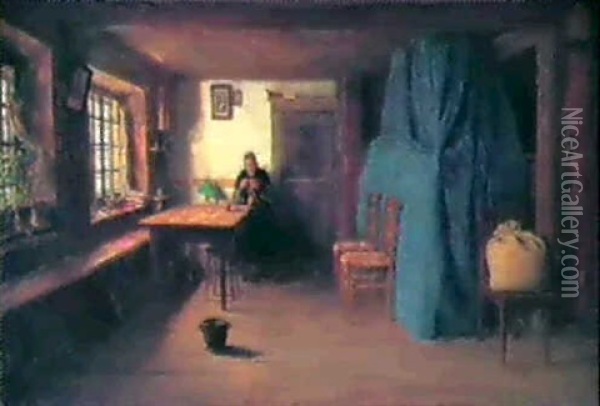 Bauernstube Mit Strickender Frau Oil Painting - Albert Anker
