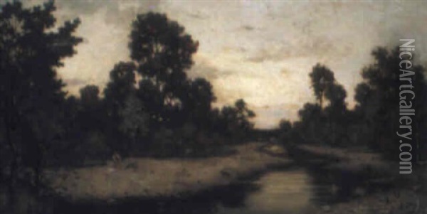 Flodlandskap Med Rastande Man Oil Painting - Karl Pierre Daubigny