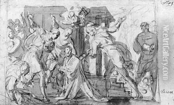 A kneeling Saint speared by three Tormentors Oil Painting - Bernardino Barbatelli Poccetti