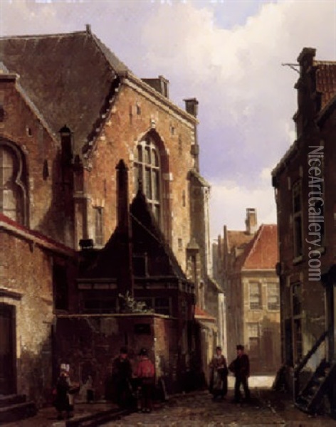 Figures Conversing In A Street In A Dutch Town Oil Painting - Willem Koekkoek