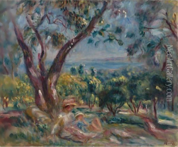 Paysage A Cagnes Avec Femme Et Enfant Oil Painting - Pierre Auguste Renoir