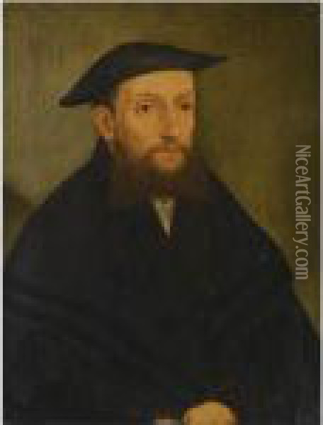 Portrait Of A Bearded Gentleman, Half Length, Wearing A Black Coatand Hat Oil Painting - Georg Pencz