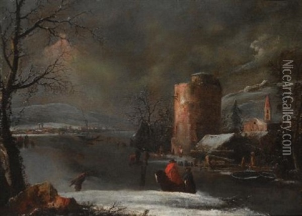 A Winter Landscape With A Town Beside A Frozen River And Figures On Horseback Oil Painting - Marco Ricci