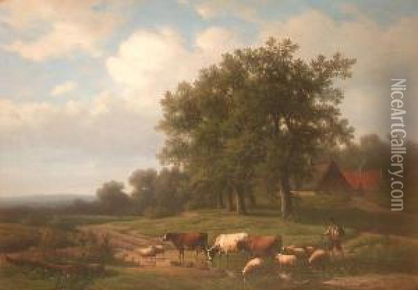 Cows And Sheep Watering By A River Oil Painting - Alexander Joseph Daiwaille