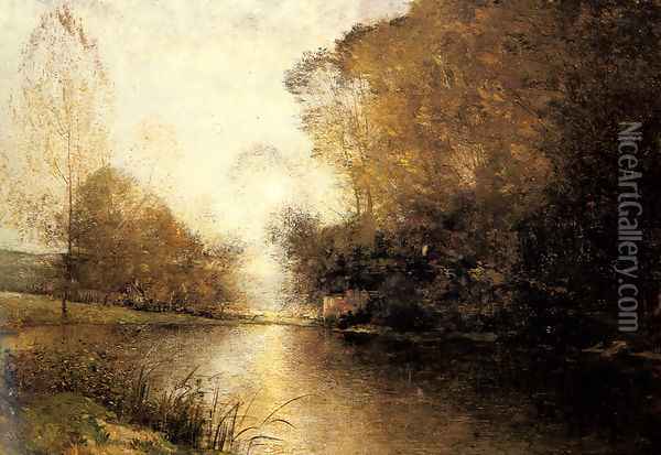 A Moonlit River Landscape with a Figure Oil Painting - Alfred Wahlberg