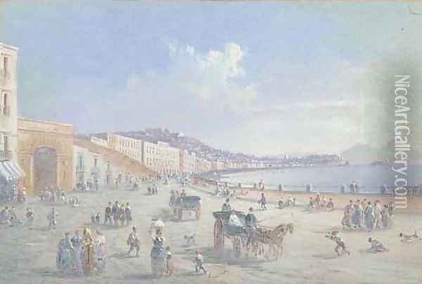 Horse-drawn carriages on the Riviera di Chiaia, Naples Oil Painting - Neapolitan School