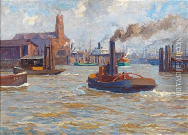 The Port Of Hamburg With View Of The Kehrwieder Spitze Oil Painting - Paul Kutscha