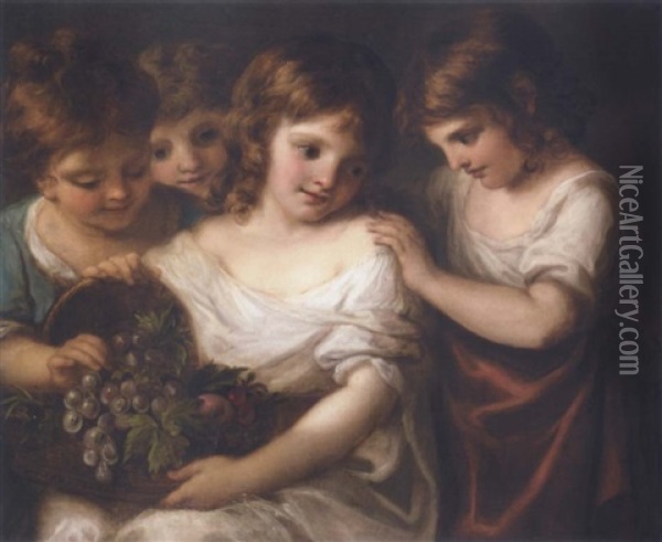 Four Children With A Basket Of Fruit Oil Painting - Angelika Kauffmann