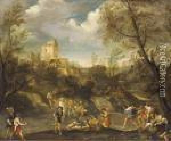 A Wooded Landscape With Figures Making Merry Oil Painting - Giovanni Francesco Grimaldi
