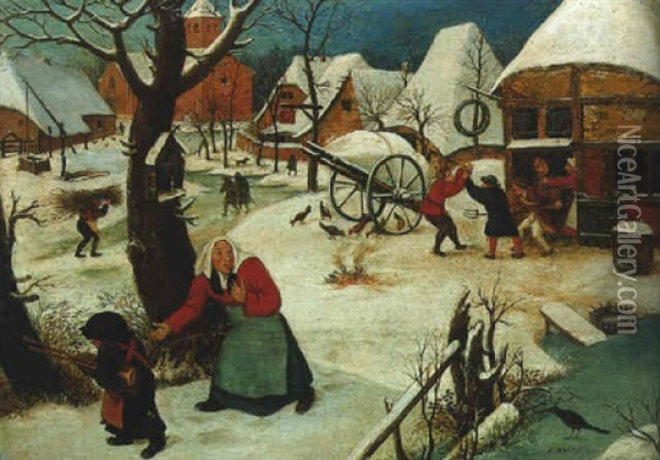 A Village In Winter With A Peasant Woman And Child By A Frozen Pond And Men Brawling Outside A Tavern Oil Painting - Pieter Brueghel the Younger