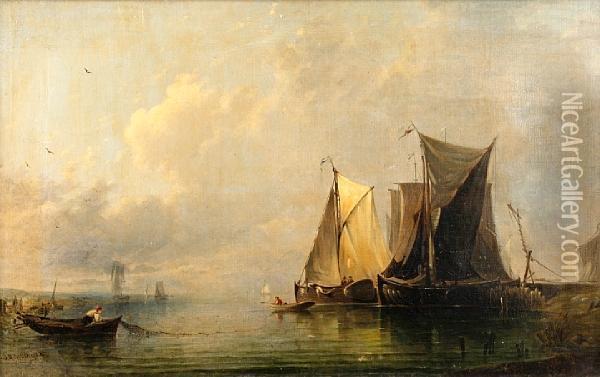 Dutch Boats In A Calm Oil Painting - Joseph Bartholomew Kidd