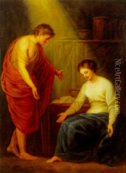 Interior Med Kvinde Og Ung Mand I Klassiske Gevandter Oil Painting - Louis Farasyn