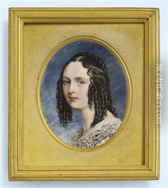 Alice Hope Montgomery, Nee Johnstone (d. 1890), In Dress With Wide Lace Collar, Wearing A Gold Necklace, Dark Hair Dressed In Ringlets Oil Painting - Robert Thorburn
