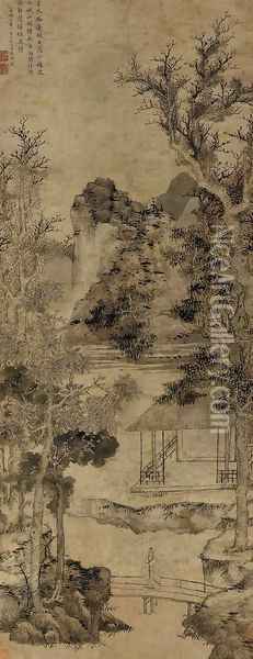 Old Trees and Secluded Pavilion Oil Painting - Zhengming Wen
