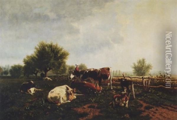 Maid Tending Cattle Oil Painting - Anton Mauve