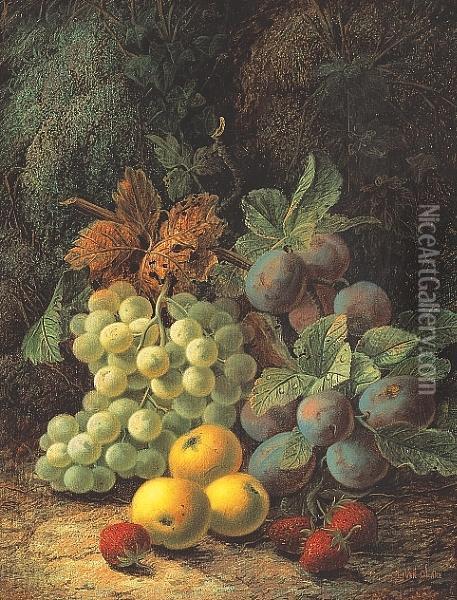 Green Grapes, Plums, Apples And Strawberries Against A Mossy Bank Oil Painting - Oliver Clare