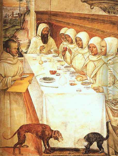 St. Benedict and his Monks Eating in the Refectory Oil Painting - Il Sodoma (Giovanni Antonio Bazzi)