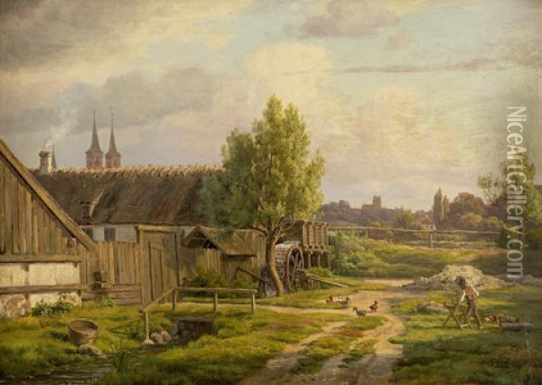 Farmstead With Townscape Beyond Oil Painting - Constantin (Carl Christian Constantin) Hansen