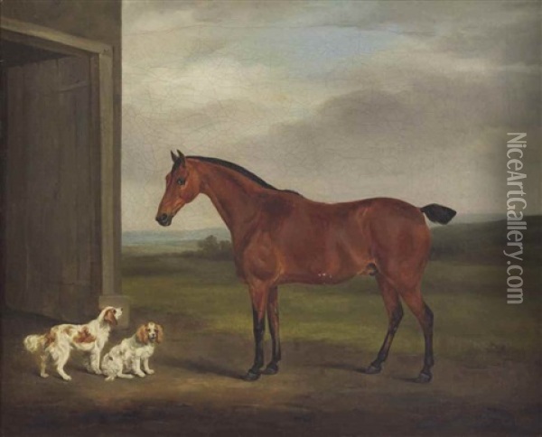 A Chestnut Mare And Two Spaniels Before A Stable Door Oil Painting - William Henry Davis
