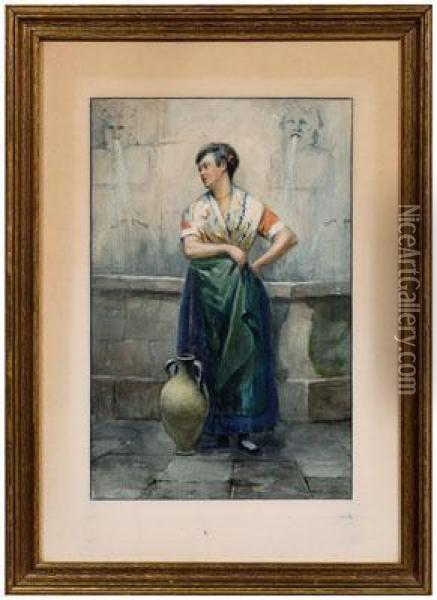Italian Woman Withwater Jug By A Fountain Oil Painting - Thomas Raphael Congdon