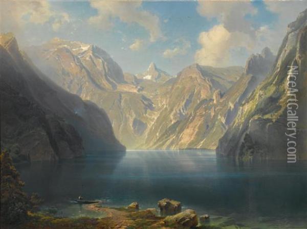 Konigsee With View Over The Bartholomaus Oil Painting - Friedrich Bamberger
