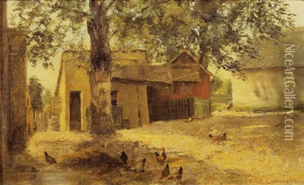 Farm Scene With Chicken Feeding In Front Of A Chicken Coop Oil Painting - Paul Cornoyer