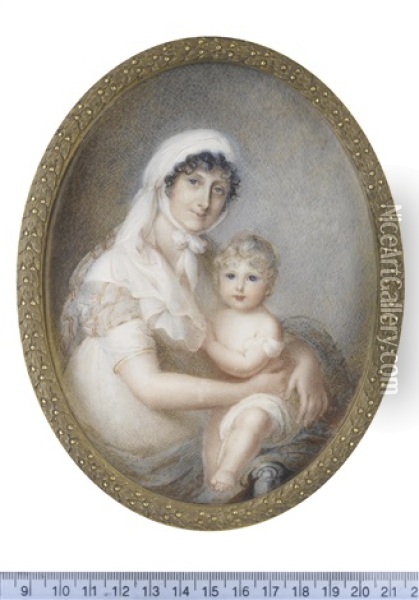 A Mother And Child, Seated; The Former, Wearing Blue Dress With Red Stripes And Matching Stole, White Fichu, Her Dark Hair Upswept Beneath A White Linen Mob Cap Oil Painting - Anne Mee