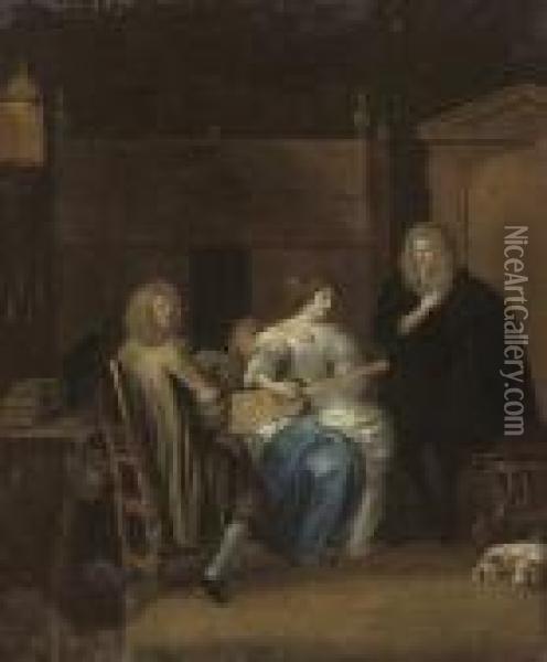 Elegant Company Making Music In An Interior Oil Painting - Hieronymus Janssens