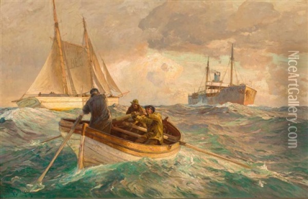 Dampfer, Segelschiff Und Ruderboot Auf Bewegter See Mit Sonnigem Lichteinfall Oil Painting - Carl Becker