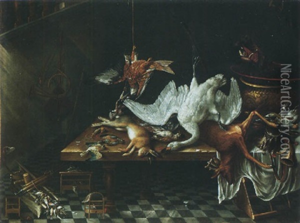 A Still Life Of A Swan, Deer, Rabbits And Other Dead Game On A Table, With A Boar's Head On A Platter And Caged Songbirds Oil Painting - Jacobus Biltius