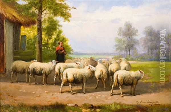 Le Depart Des Moutons Oil Painting - Jef Louis Van Leemputten