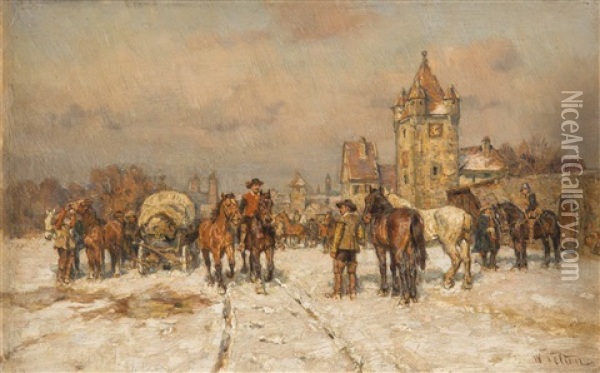 Pferde-enteignung Im Winter Vor Einer Stadtmauer Oil Painting - Wilhelm Velten
