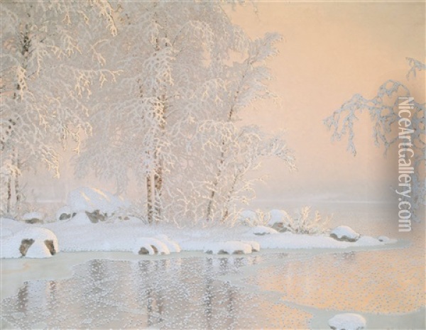 Vinterlandskap Med Frusen Sjo Oil Painting - Gustaf Fjaestad