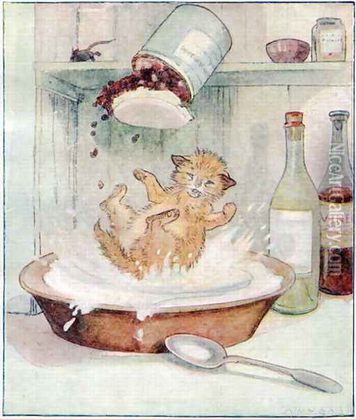 Wee Kitty fell into the cream..., illustration from Cuddly Kitty and Busy Bunny, by Clara G. Dennis, published by Thomas Nelson and Sons, Ltd., 1926 Oil Painting - Alan Wright
