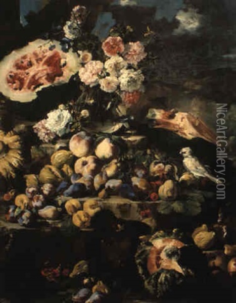 Natura Morta Di Frutta Con Uccellino E Fiori In Un Vaso Di Vetro Oil Painting - Abraham Brueghel